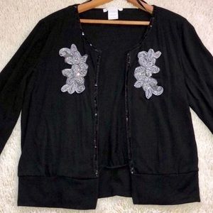 Embroidered Floral Sequin Black Open Front Cardigan